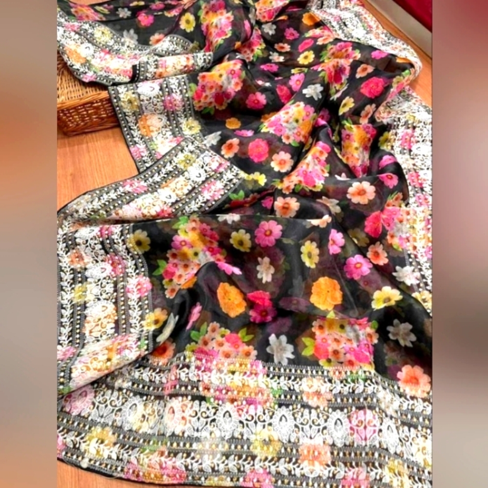 Floral Black Organza Saree With Chikankari Border